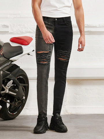Men Two Tone Ripped Skinny Jeans