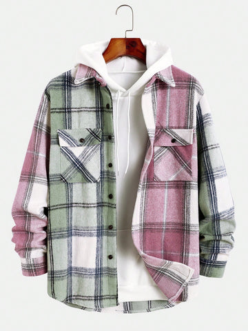Men Plaid Flap Pocket Overcoat Without Hoodie