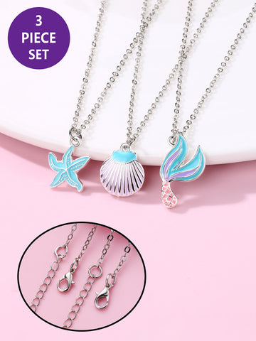 3pcs/set Girls' Alloy Blue Oil Drip Necklace With Shell, Starfish, Mermaid Design, Suitable For Daily Wear And As A Jewelry Gift
