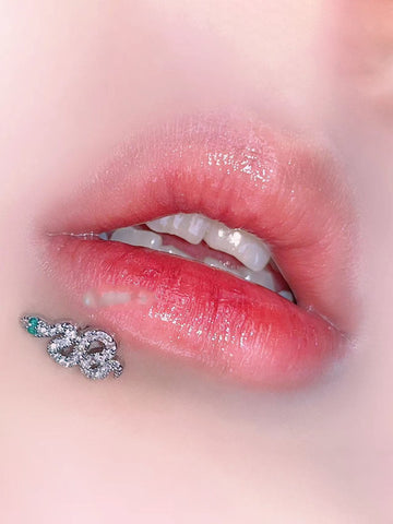 1pc European And American Punk Style Stainless Steel & Rhinestone Snake & Green Eyes Lip Stud Or Ring For Women, Party Gift