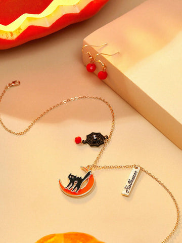 1set Cute Spider Web, Black Cat, Pumpkin & Bat Shaped Jewelry Set For Little Girls, Halloween Theme, Including 1 Pendant Necklace And 1pair Dangle Earrings, Orange & Black, Oil Dripping Spray Paint