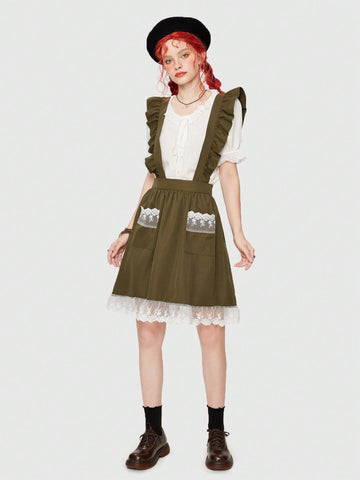 Ruffle Trim Patch Pocket Overall Skirt