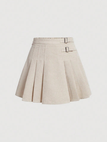 Solid Buckle Knot Pleated Skirt