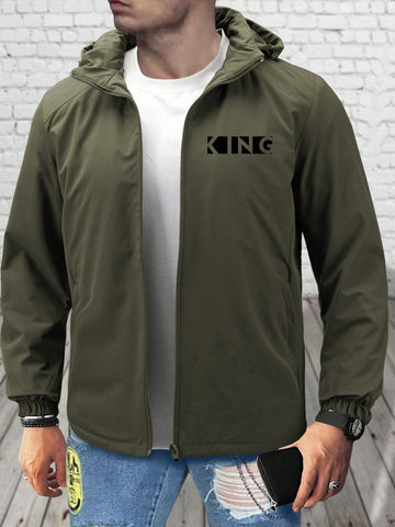 Loose Fit Men's Zip Up Hooded Winter Jacket With Letter Print