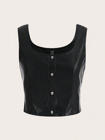 Button Front PU Leather Tank Top