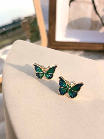 1pair Girls' Unique Butterfly Shaped Colorful Rhinestone Decor Stud Earrings