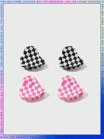 4pcs/set Pink And Black/white Checked Pattern Heart-shaped Hair Clips For Kids