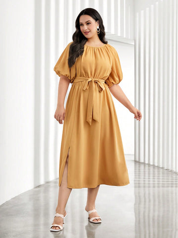 Plus Puff Sleeve Belted Dress
