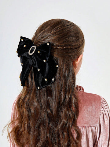 1pc Black Velvet & Rhinestone Automatic Hair Clip Hair Accessory
