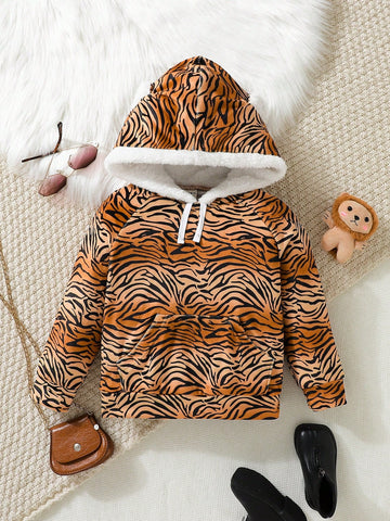 Young Girl Tiger Skin Print Contrast Binding Hooded Sweatshirt
