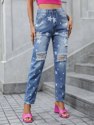 High Waist Star Print Ripped Mom Fit Jeans