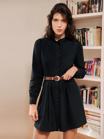 Solid Button Front Shirt Dress Without Belt