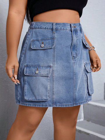Plus Flap Pocket Denim Skirt