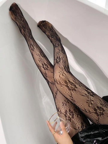 2 Pairs Elegant Black Fishnet & Hollow Out Lace Stockings