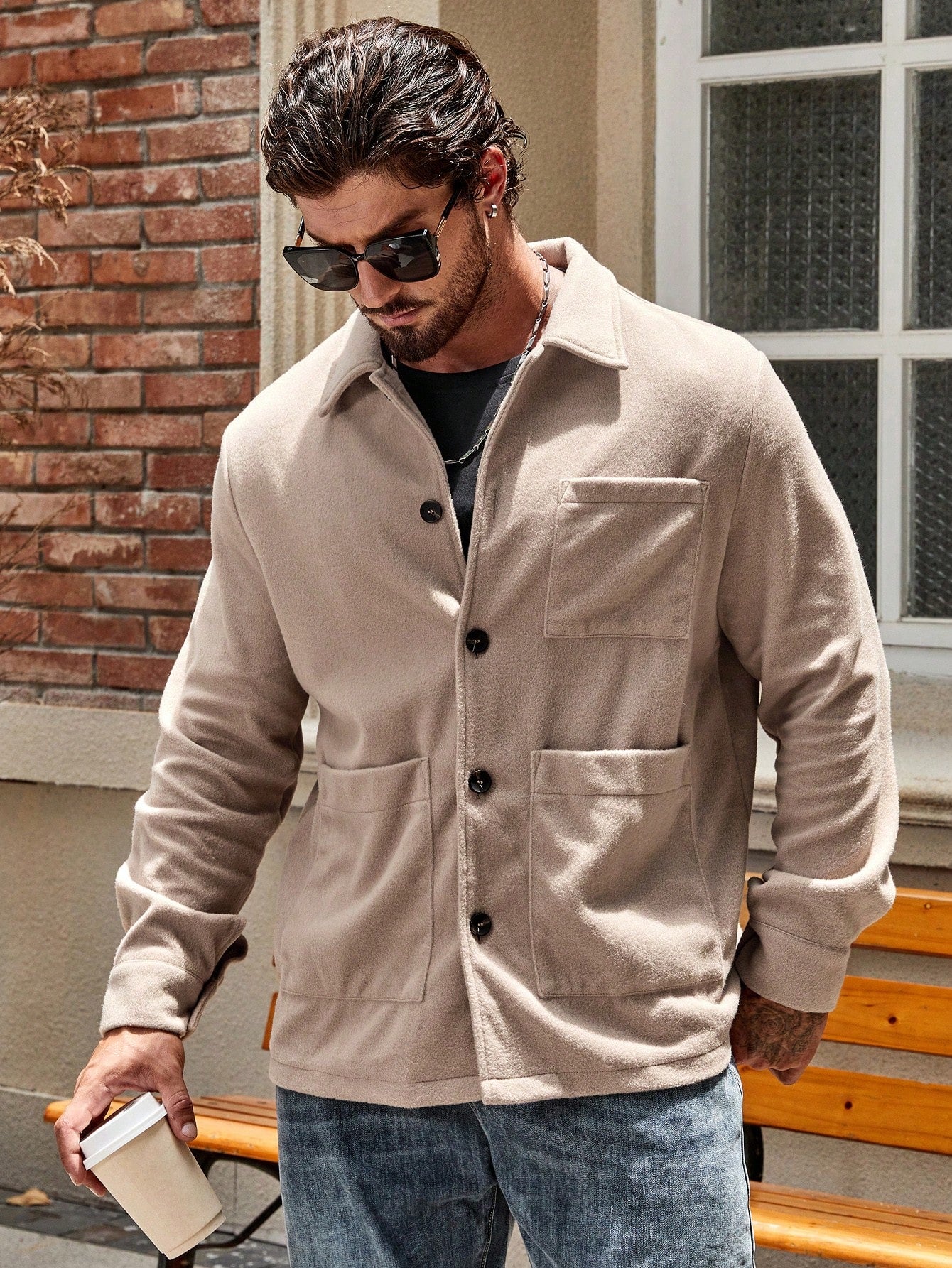 Loose Fit Men's Overcoat With Patch Pockets