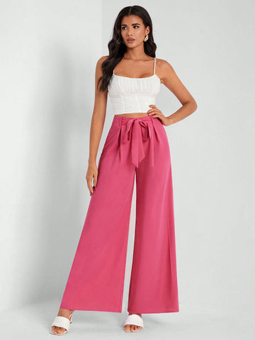 Solid Belted Wide Leg Pants