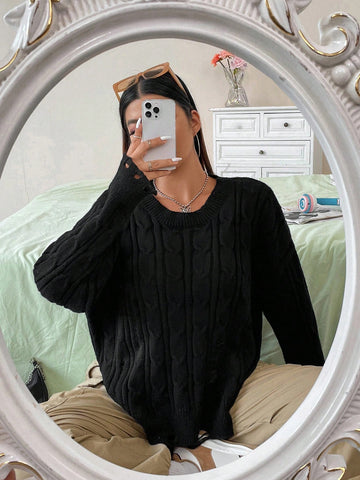 Plus Ripped Drop Shoulder Cable Knit Sweater