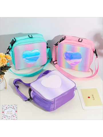 Heart-Shaped Glitter Laser Holographic Rainbow Insulated Cooler Bag For Picnic Or Keeping Beverage Cold, Girl's Simple Single Shoulder Bag