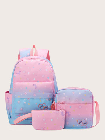 3pcs Gradient Color Cartoon Patterned Multi-pocket Children's Set Including Backpack, Pencil Case & Lunch Bag
