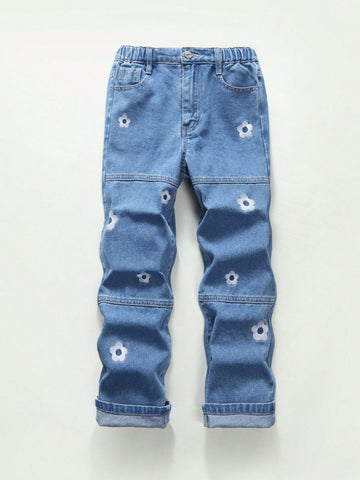 Tween Boy Floral Embroidery Straight Leg Jeans