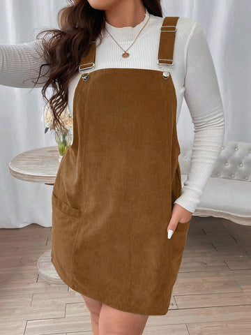 Plus Patched Pocket Corduroy Overall Dress Without Tee