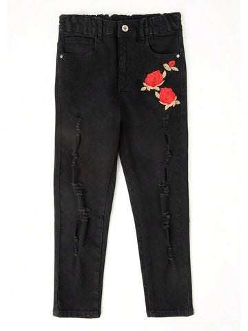 Boys Floral Embroidery Ripped Jeans