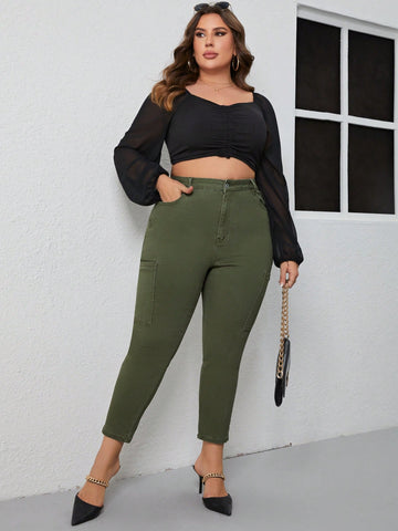 Plus High Waist Patched Pocket Side Skinny Jeans