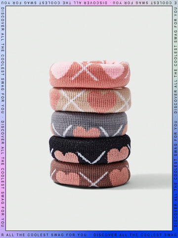 5pcs Girls Heart Plaid Pattern Simple Thickened Elastic Hair Tie For Daily Decoration School