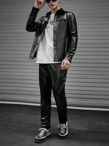 Men PU Leather Shirt & Pants Without Tee