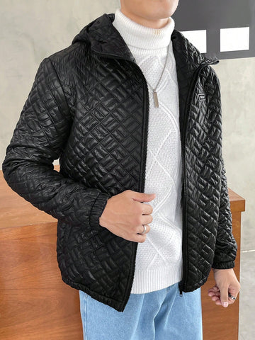 Loose Fit Men's Hooded Quilted Coat With Letter Patches