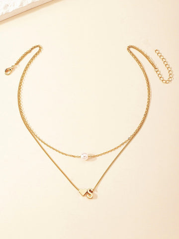 1pc Pearl Double-layered Simple & Stylish Pendant Necklace With Double Heart & Letter Charms, Suitable For Daily Wear