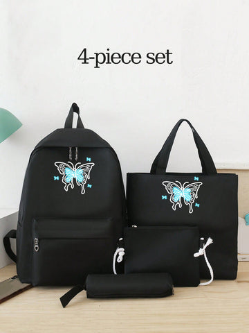4pcs/set Classic print Female Casual Travel Backpacks  Large Capacity Backpack Kids Schoolbags Girls Student Bookbags Preppy Style School Students  Large Backpack