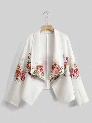 Plus Floral Print Waterfall Collar Open Front Jacket