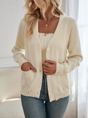 Solid Button Front Cardigan & Cami Knit Top