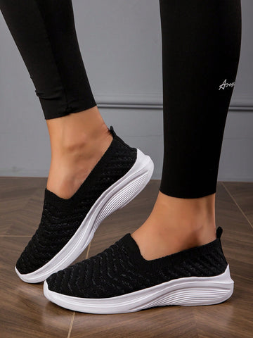 Women's Water Ripple Knit Leisure Black Color Round Toe Low-cut Slip-on Flat Casual Knitted Sneakers For Outdoor All Seasons
