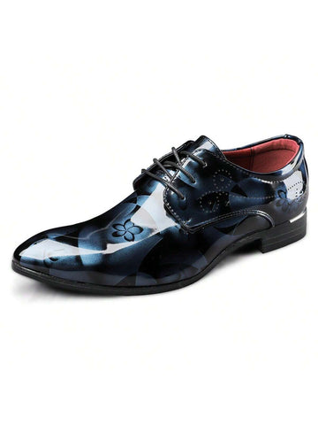 Spring Men's Low Cut Pointed Toe Printed Pu Leather Shoes, Business/brocade/lace-up/floral Style, Blue Color Large Size Casual/formal Shoe With Low Heels
