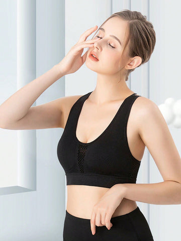 1pc Removable Padded Mesh Racerback Sports Bra, Wire-free Breathable Push Up Yoga Vest Style Seamless Sleep Bra