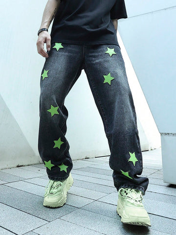 Men Star Patched Straight Leg Jeans