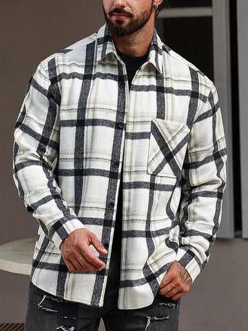 Men's Loose Plaid Printed Overcoat With Pocket Patches