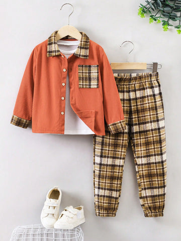 Young Boy Plaid Patched Pocket Shirt & Pants Without Tee