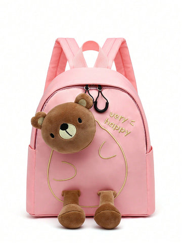 Pink Cute Kids' Backpack With Cartoon Bear Decor For Toddlers, Baby Shoulder Bag