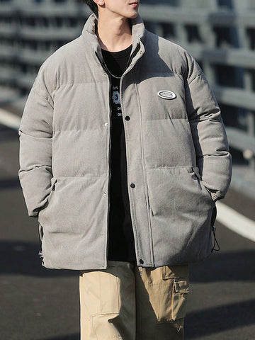 Men's Oversized Puffer Coat With Letter Patch And Slant Pockets