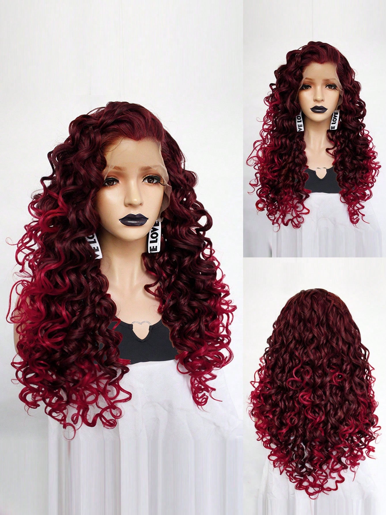 13*2 Big Bouffant Spiral Curly Ombre Red Long Free Part Natural Looking Synthetic Glueless Heat Resistant Soft Fiber Hair High Density Lace Front Wig for Fashionable Sexy Women Daily Party Use School Halloween Christmas Thanksgiving Day Costume Accessorie