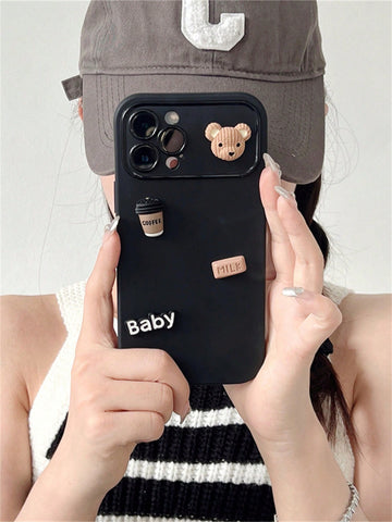Black Cute Cartoon 3d Bear, Coffee Cup, Chocolate Bar Window Display Phone Case Compatible With Apple Phones