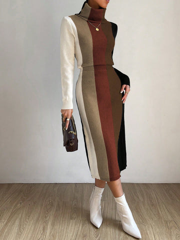 Colorblock Turtleneck Sweater Dress