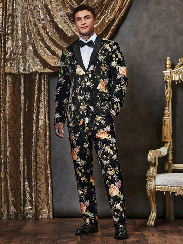 Men 2pcs Floral Jacquard Single Breasted Blazer & Suit Pants