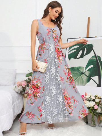 Floral Print Mesh Insert Maxi Dress
