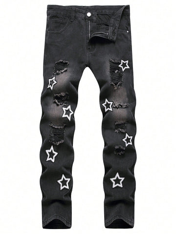 Men Star Embroidery Ripped Jeans
