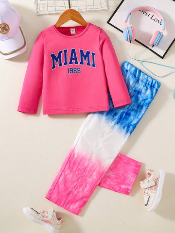 Young Girl Letter Graphic Tee & Tie Dye Leggings