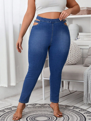 Plus Cut Out Buckle Waist Skinny Jeans